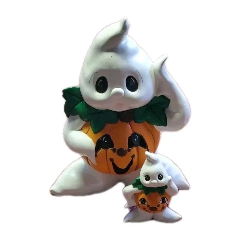 Vintage Ceramic Halloween Ghost Wearing Pumpkin Jack O Lantern Figurine Set 2